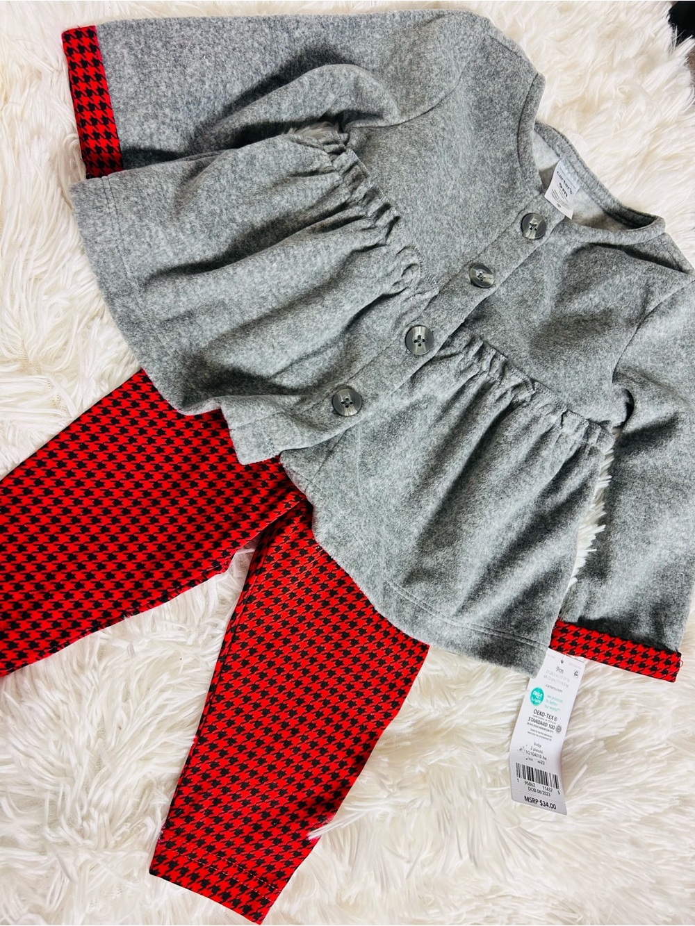 Carter’s baby girl 9m Gray Peplum Coat & Red Houndstooth Leggings Set NWT